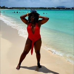 Very flattering red deep cut swimsuit